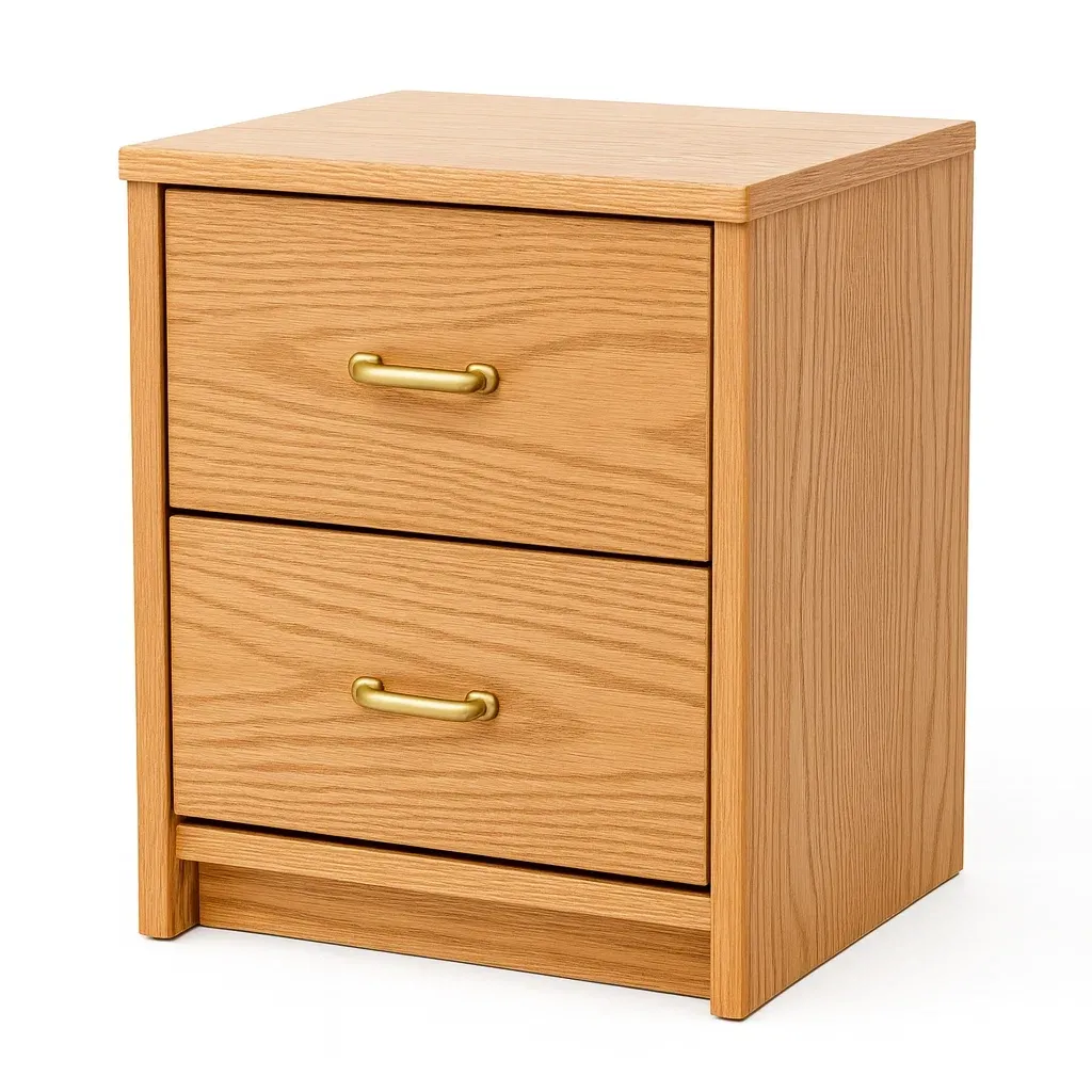 Table de chevet à 2 tiroirs en bois avec poignées en métal doré