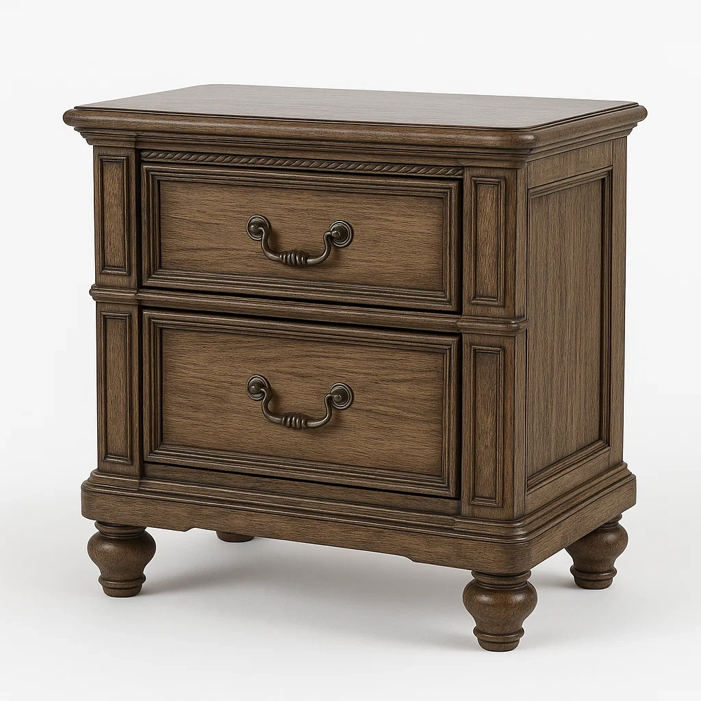 Table de chevet en bois massif brun avec poignées en métal et 2 tiroirs