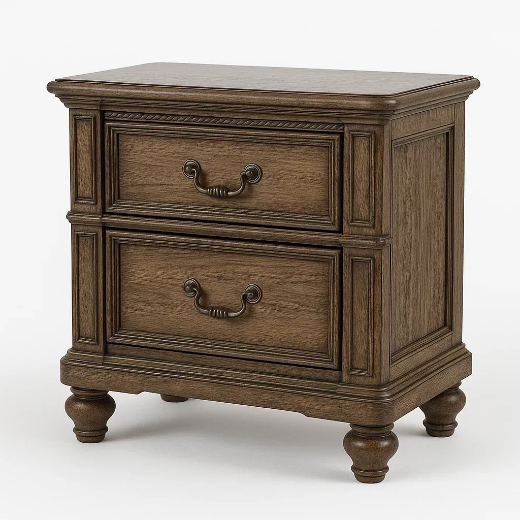 Table de chevet en bois massif brun avec poignées en métal et 2 tiroirs