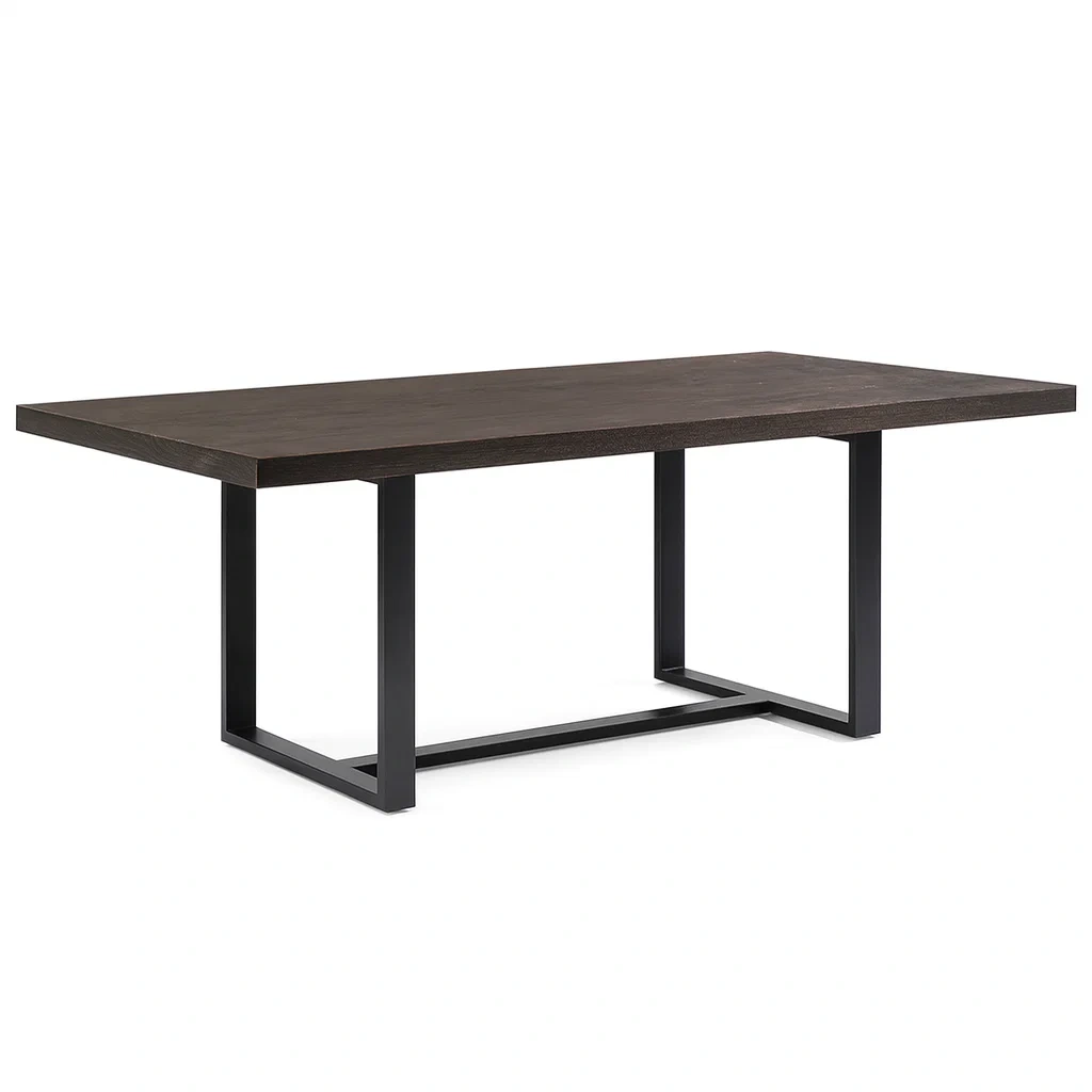 Table de salle à manger rectangulaire en bois foncé avec pieds en métal noir 180×90×75 cm