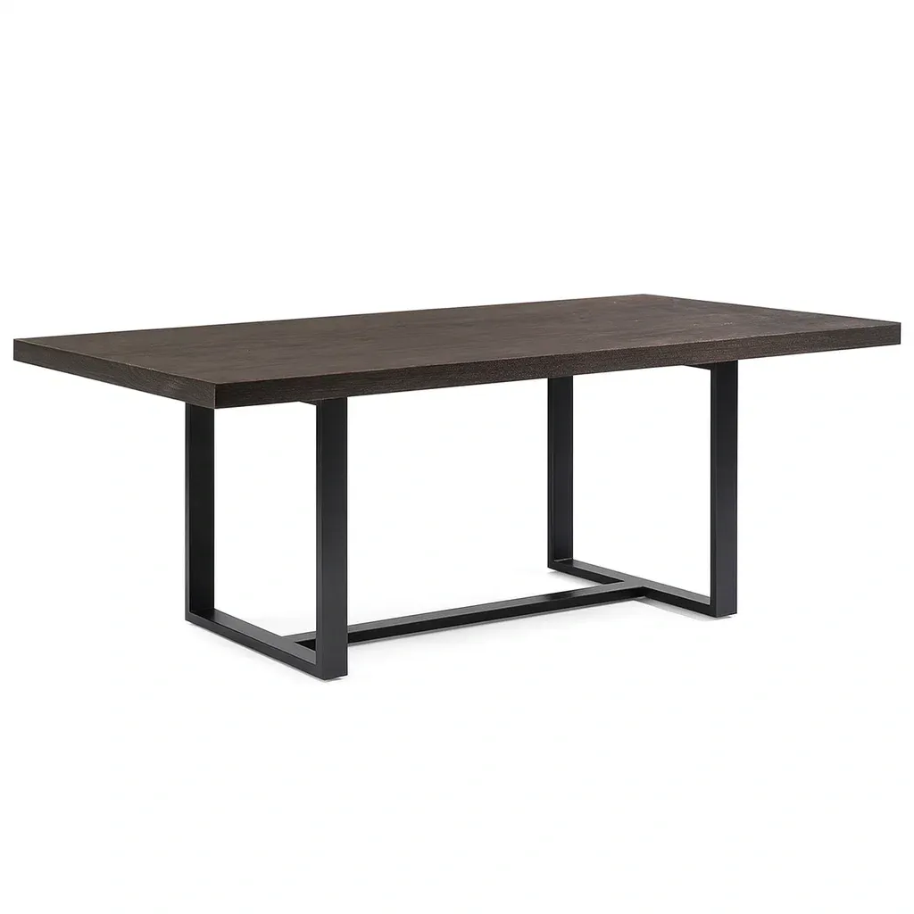Table de salle à manger rectangulaire en bois foncé avec pieds en métal noir 180×90×75 cm