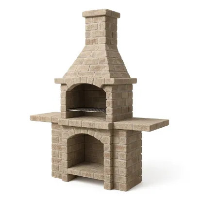 Barbecue en pierre reconstituée beige avec cheminée et tablettes latérales