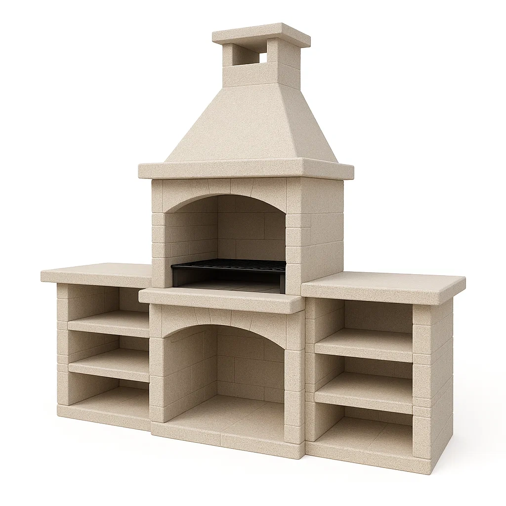 Barbecue en pierre reconstituée beige avec cheminée