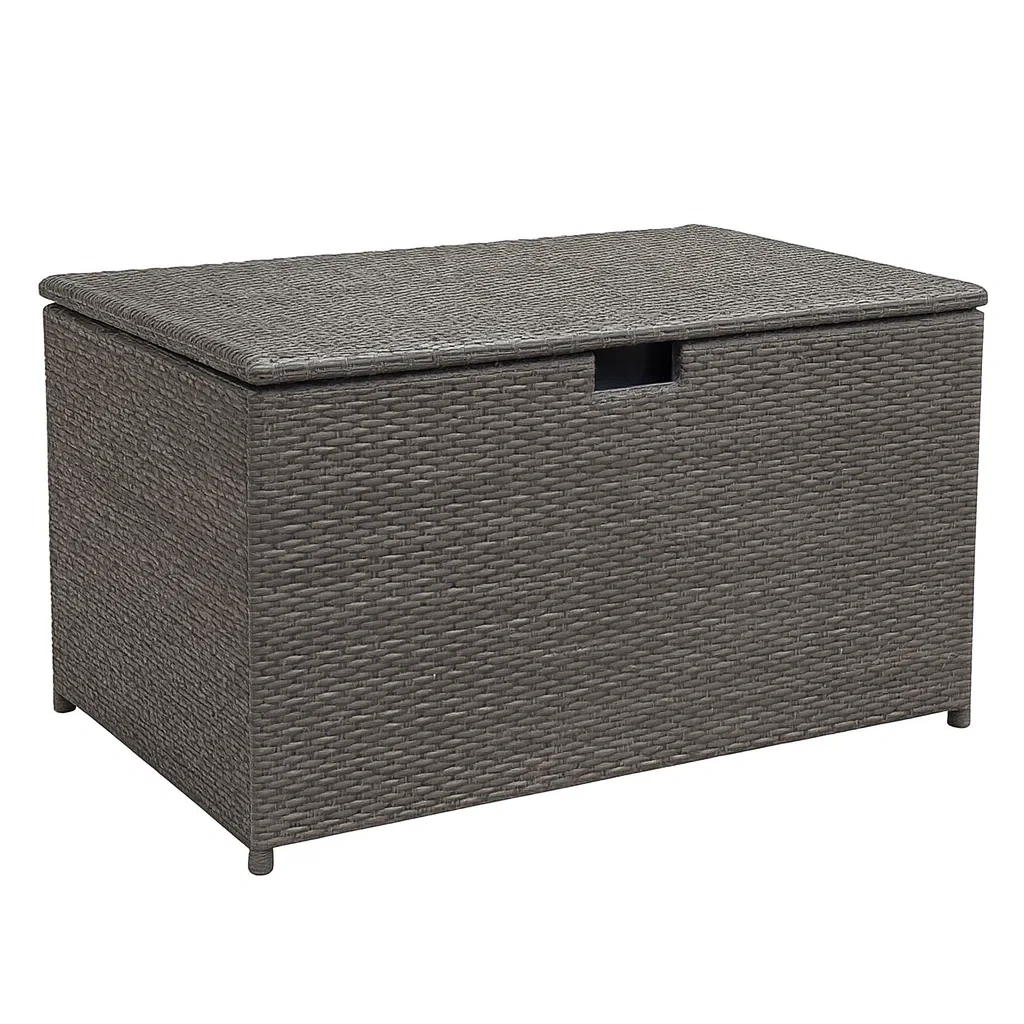 Coffre de rangement de terrasse en résine tressée gris 120×50×60 cm