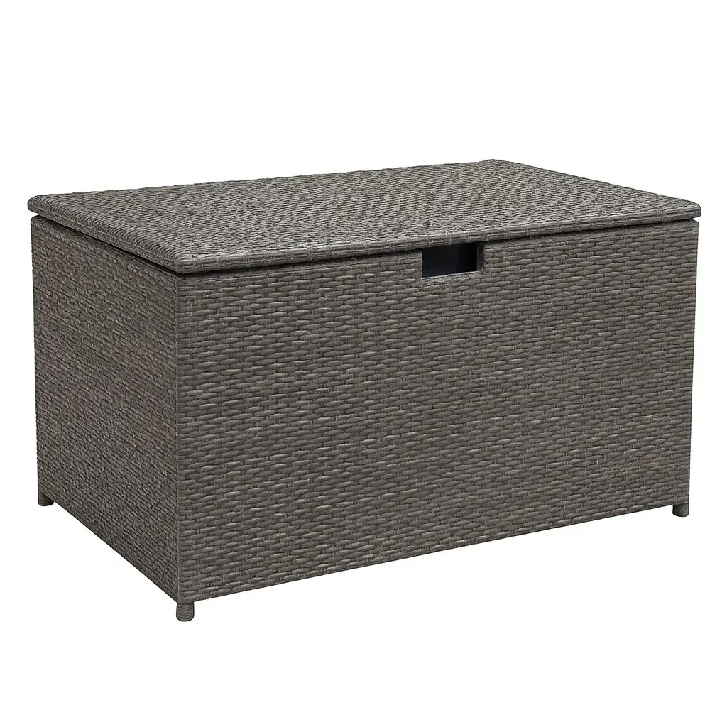 Coffre de rangement de terrasse en résine tressée gris 120×50×60 cm