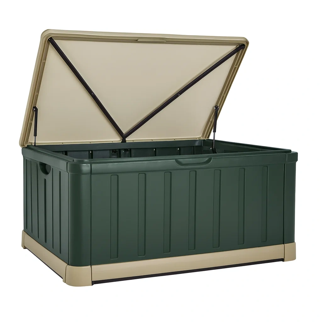 Coffre de rangement de terrasse en plastique vert/beige