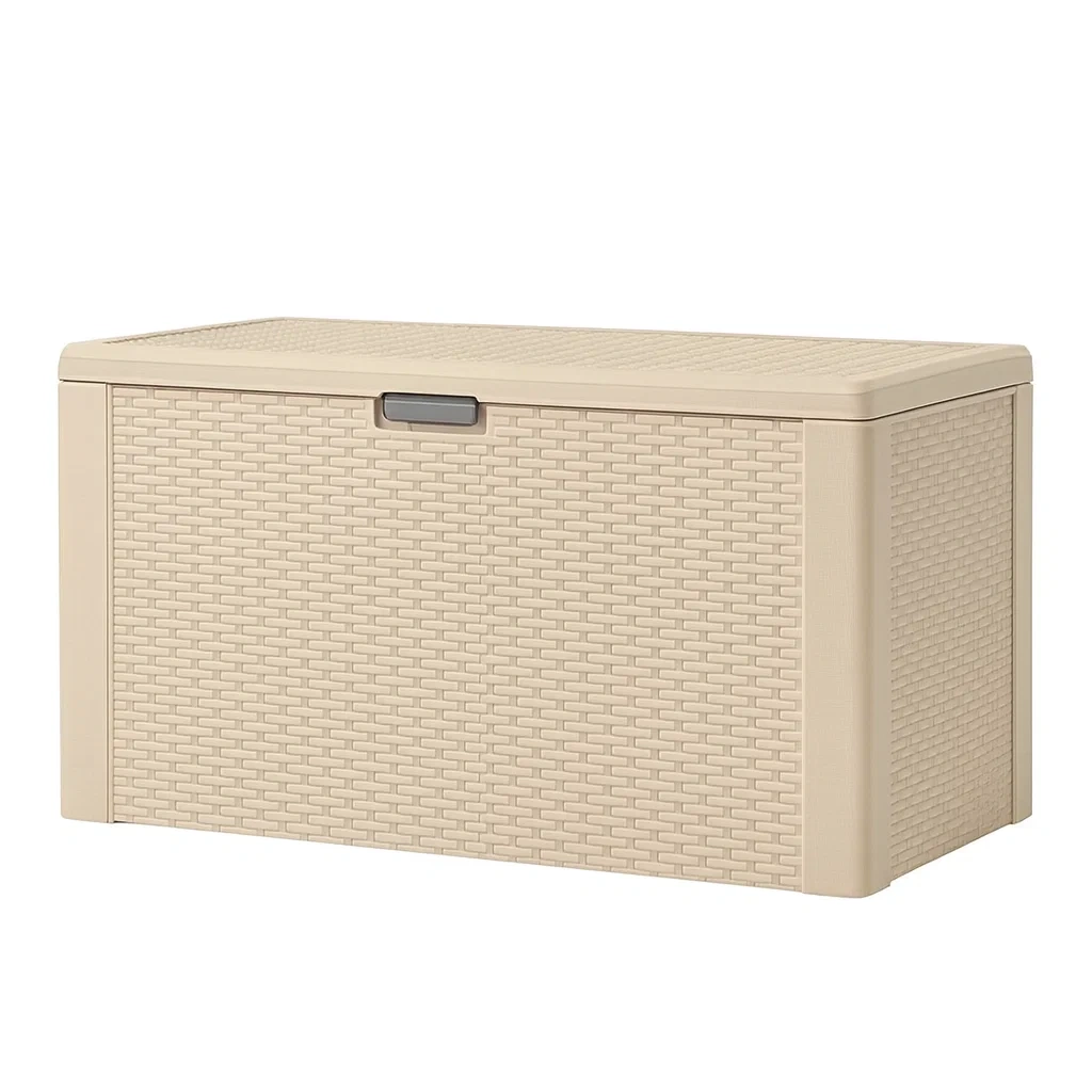 Coffre de rangement de terrasse en plastique tressé beige 90×50×45 cm