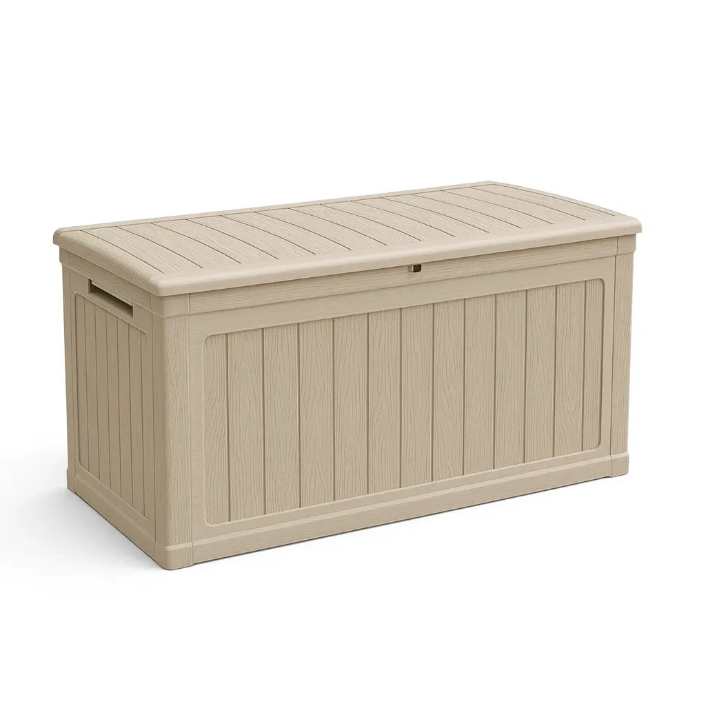 Coffre de rangement de terrasse en plastique beige pour extérieur