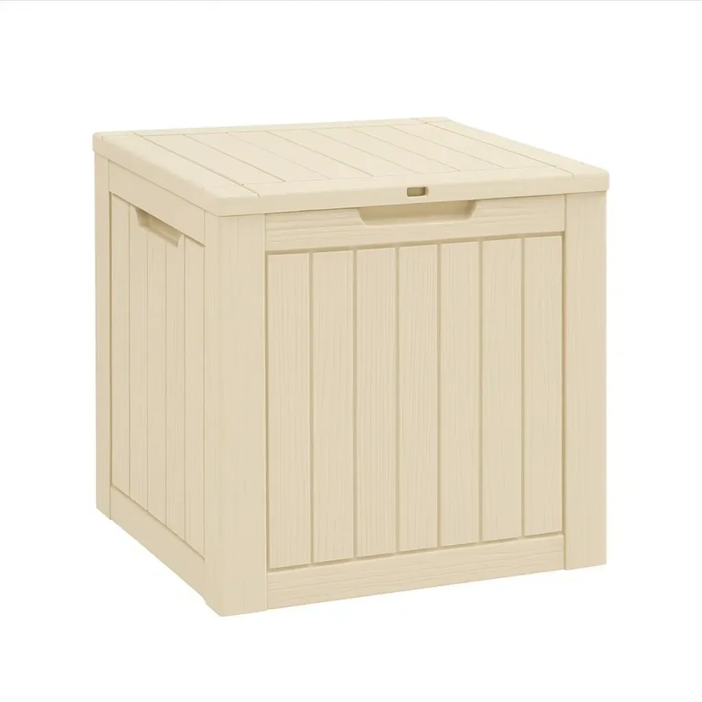 Coffre de rangement de terrasse en plastique beige 57×45×57 cm