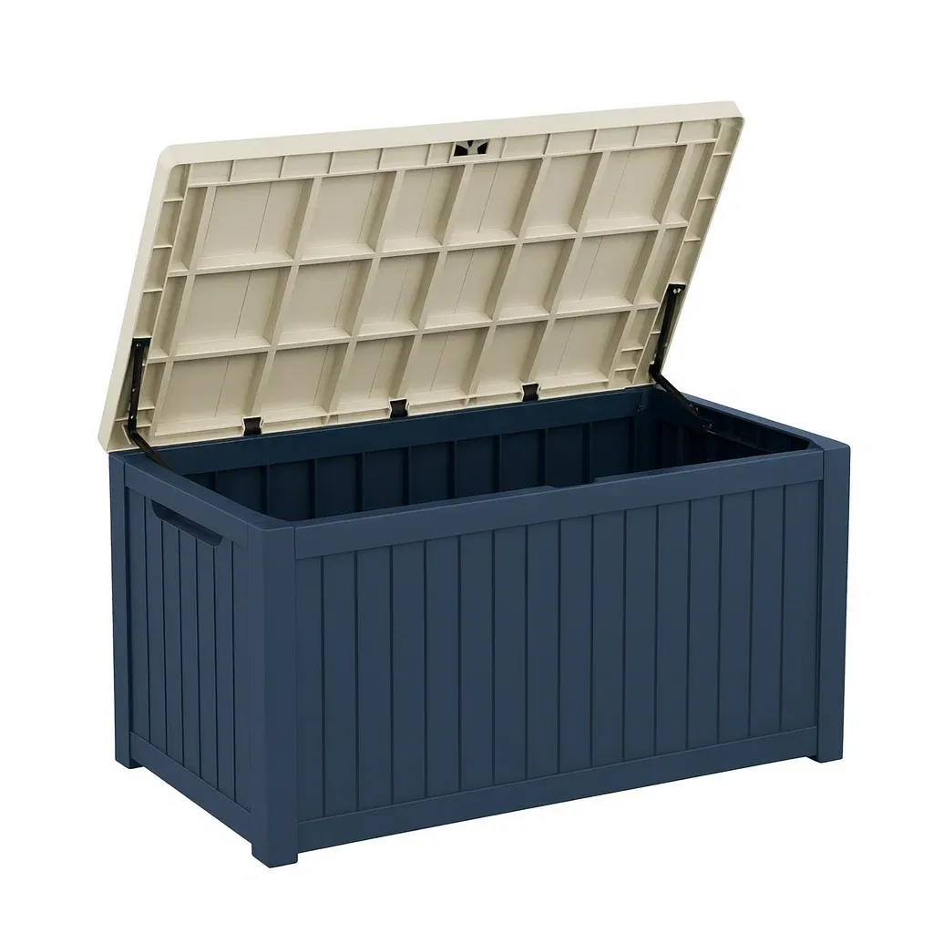 Coffre de rangement de terrasse en plastique bleu 110×49×54 cm