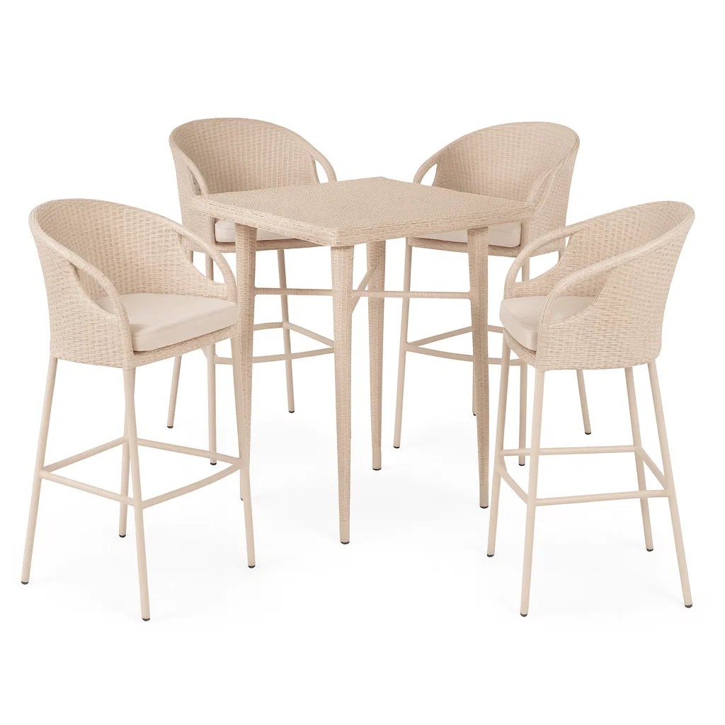 Ensemble bar en résine tressée beige avec table et 4 chaises