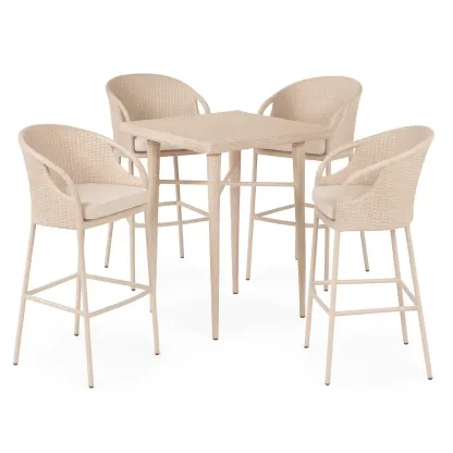 Ensemble bar en résine tressée beige avec table et 4 chaises