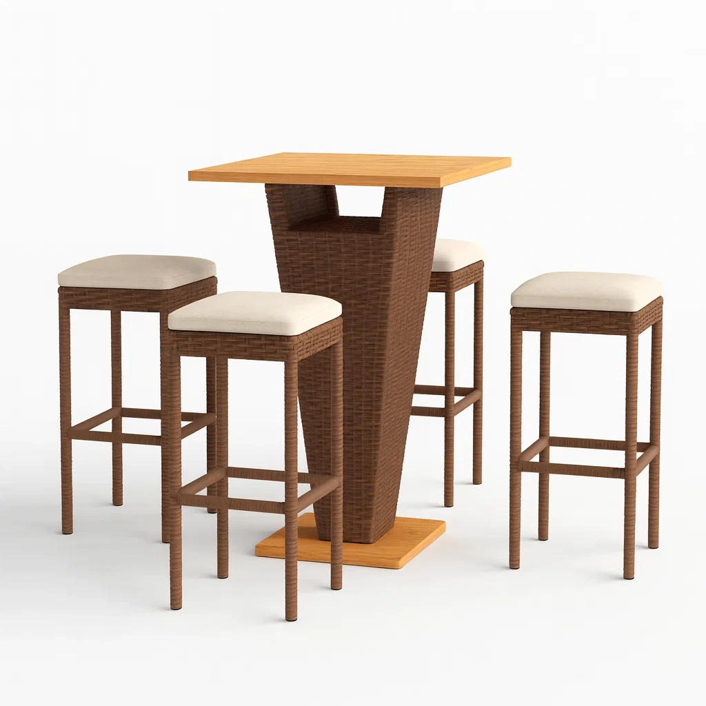 Ensemble bar en bois et osier avec 4 tabourets crème