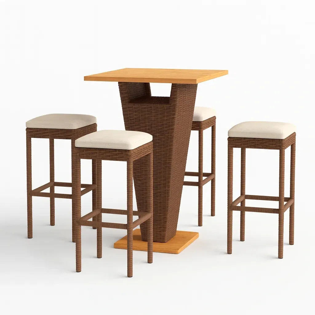 Ensemble bar en bois et osier avec 4 tabourets crème