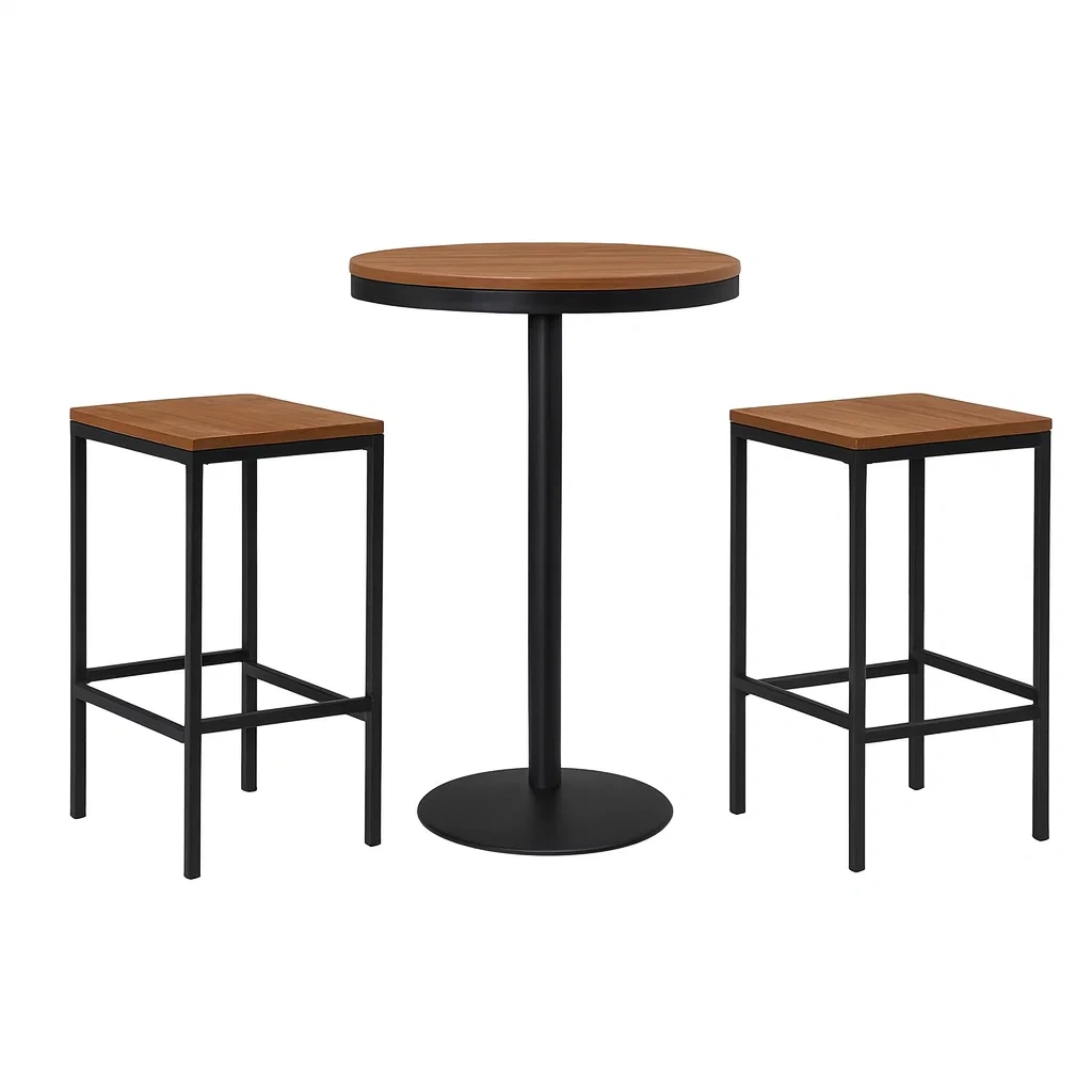 Ensemble bar rond en bois et métal avec 2 tabourets
