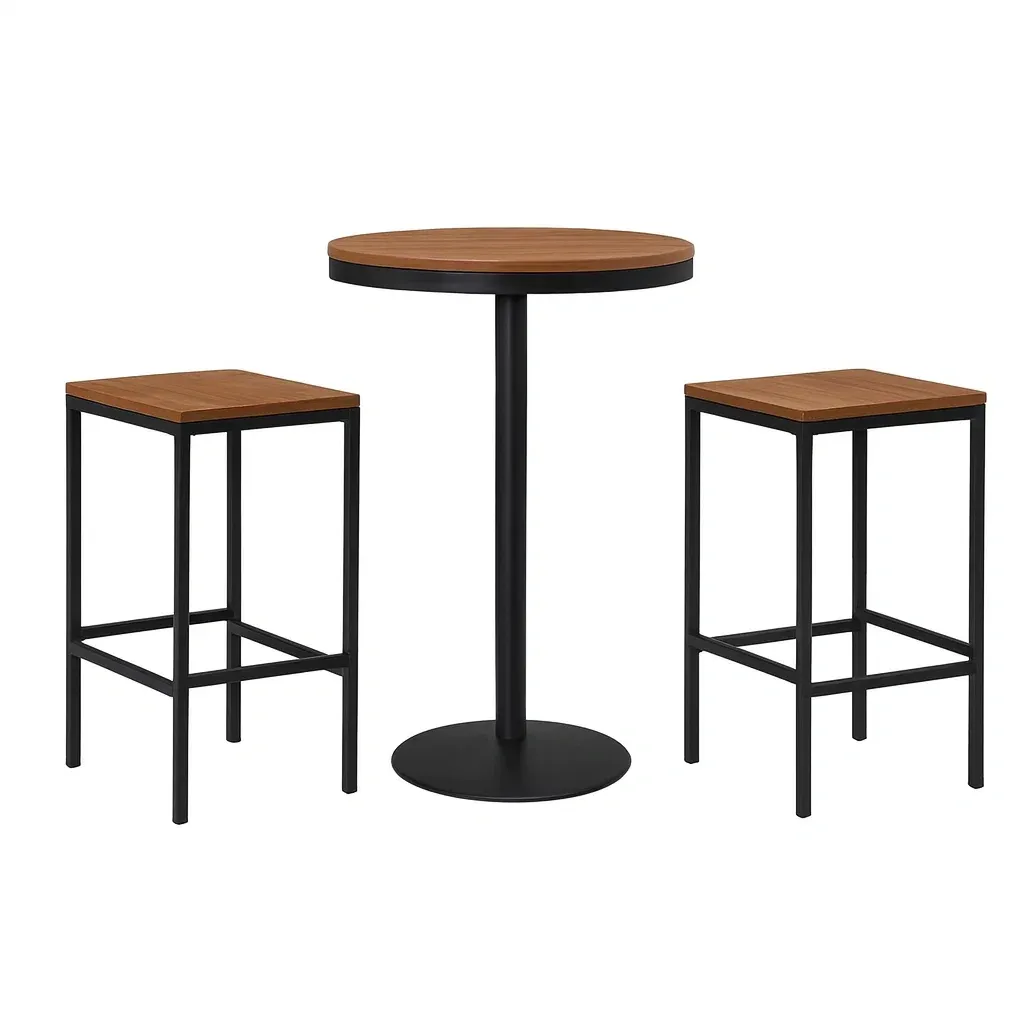 Ensemble bar rond en bois et métal avec 2 tabourets