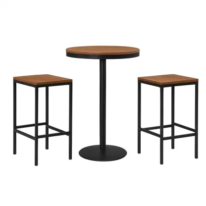 Ensemble bar rond en bois et métal avec 2 tabourets