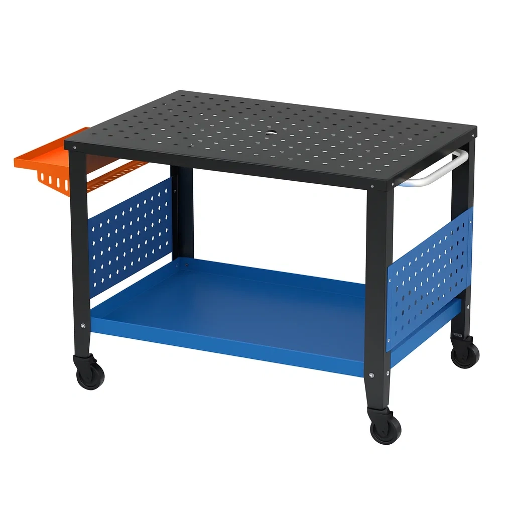 Chariot d’atelier en métal à roulettes noir/bleu/orange 90×60×80 cm