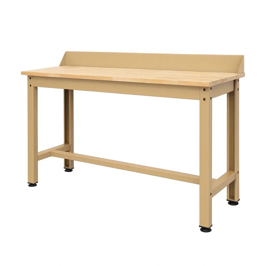 Établi en métal beige avec plateau en bois