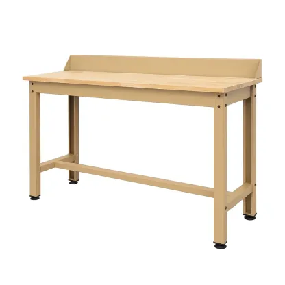 Établi en métal beige avec plateau en bois