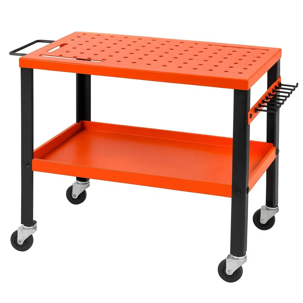 Chariot d’atelier en métal orange et noir avec roulettes