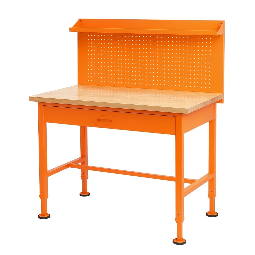 Établi en métal orange avec plateau en bois 120×60×150 cm