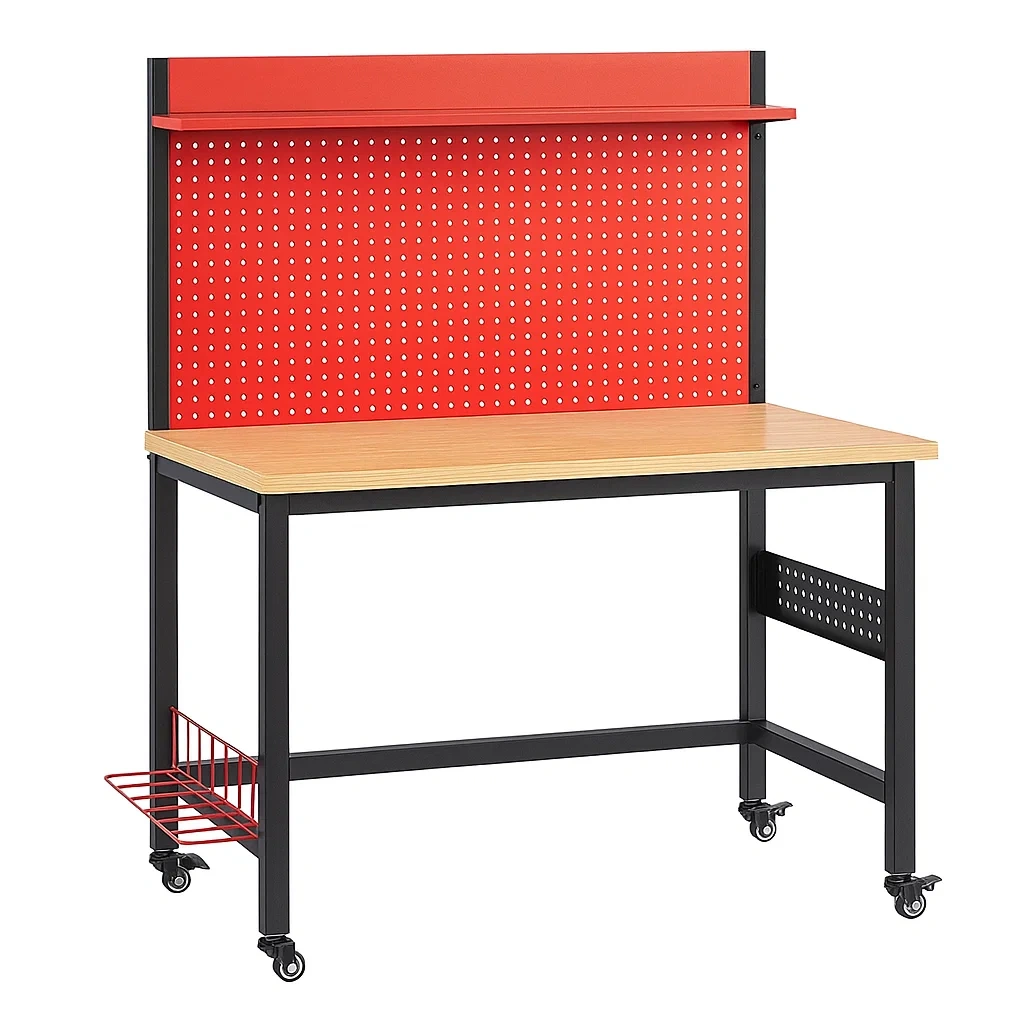 Établi en métal rouge avec étagère et roulettes