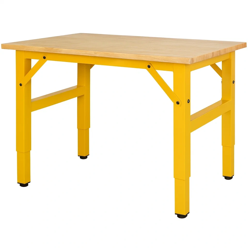 Établi en bois et métal jaune 120×60×85 cm