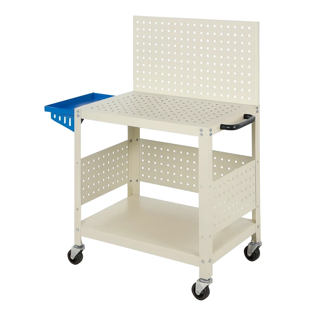 Chariot d’atelier en métal beige et bleu avec roulettes