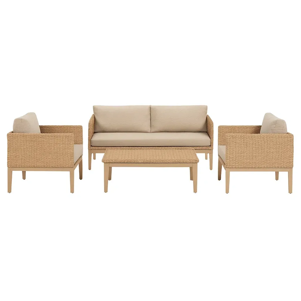 Salon de terrasse en rotin 4 pièces avec coussins en tissu beige