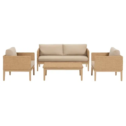 Salon de terrasse en rotin 4 pièces avec coussins en tissu beige