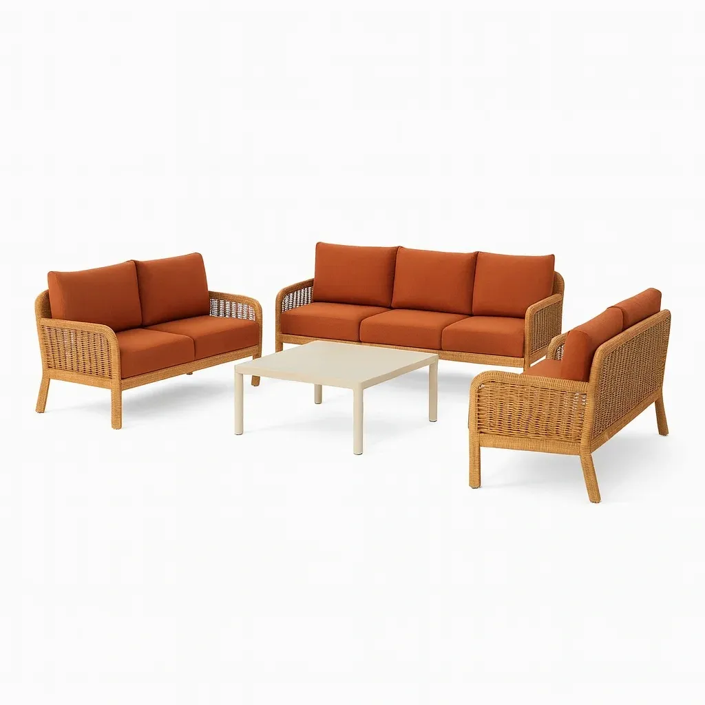 Salon de terrasse en résine tressée avec coussins marron rouille