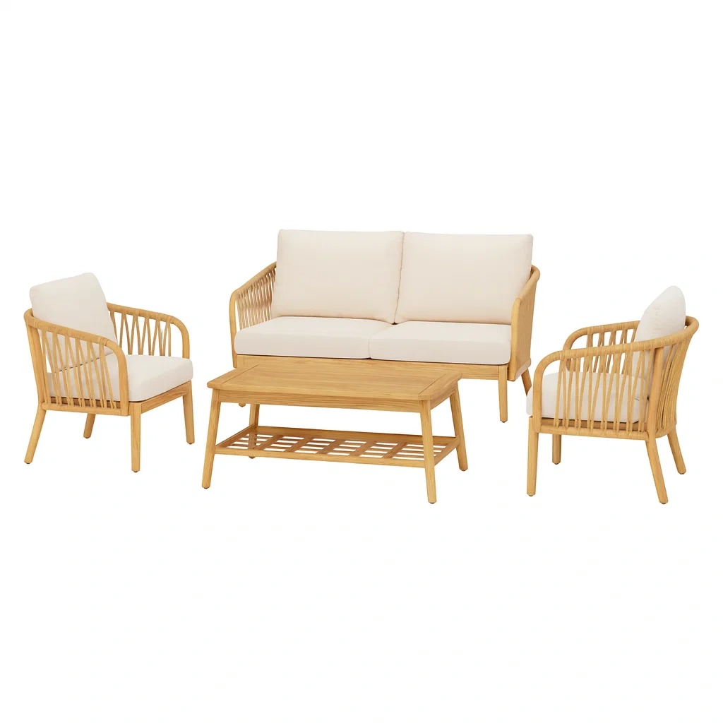 Salon de terrasse en bois avec coussins en polyester blancs ensemble 4 pièces