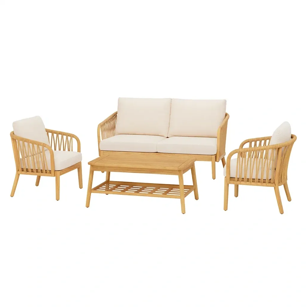 Salon de terrasse en bois avec coussins en polyester blancs ensemble 4 pièces