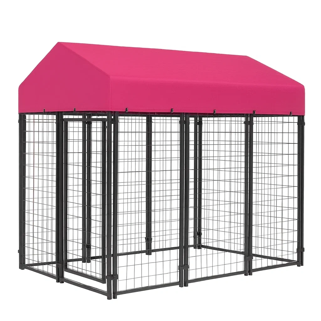 Cage pour chien en métal avec toit en polyester rose