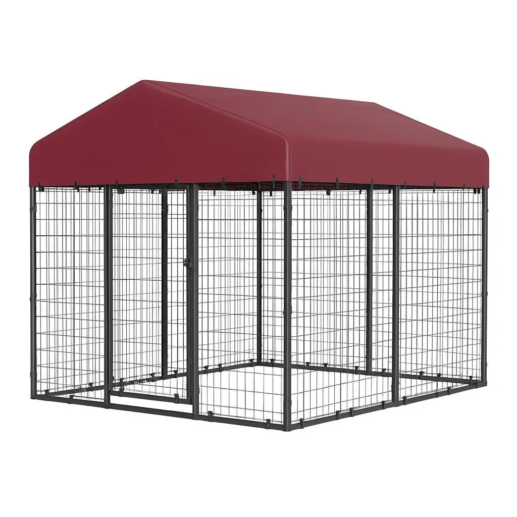Gabbia metallica per cani con copertura rossa, dimensioni 300×300×210 cm