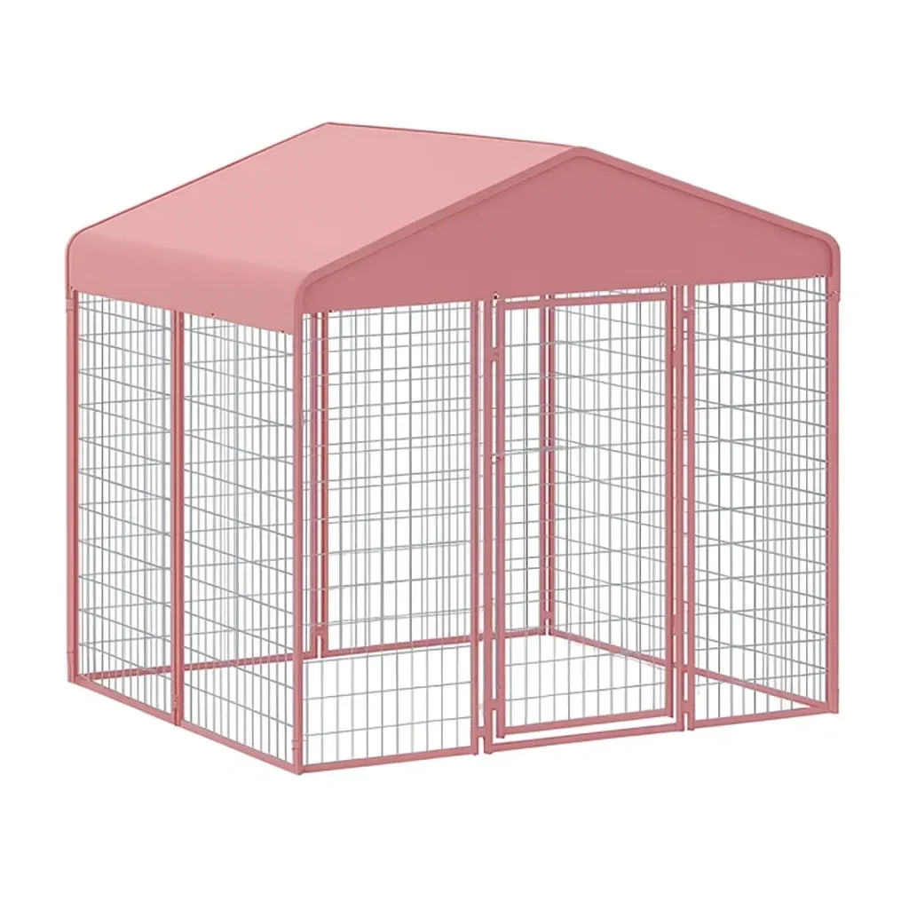Cage pour chien en métal avec toit en polyester rose 213×213×183 cm