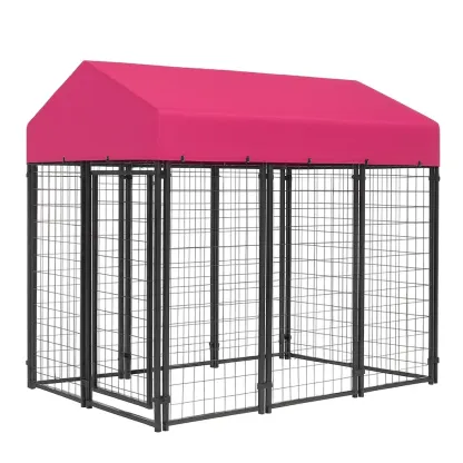 Cage pour chien en métal avec toit en polyester rose