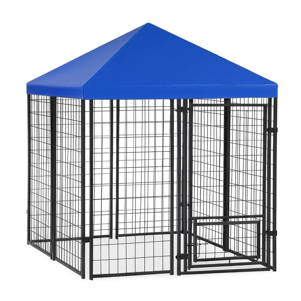 Cage pour chien en métal noir avec toit bleu