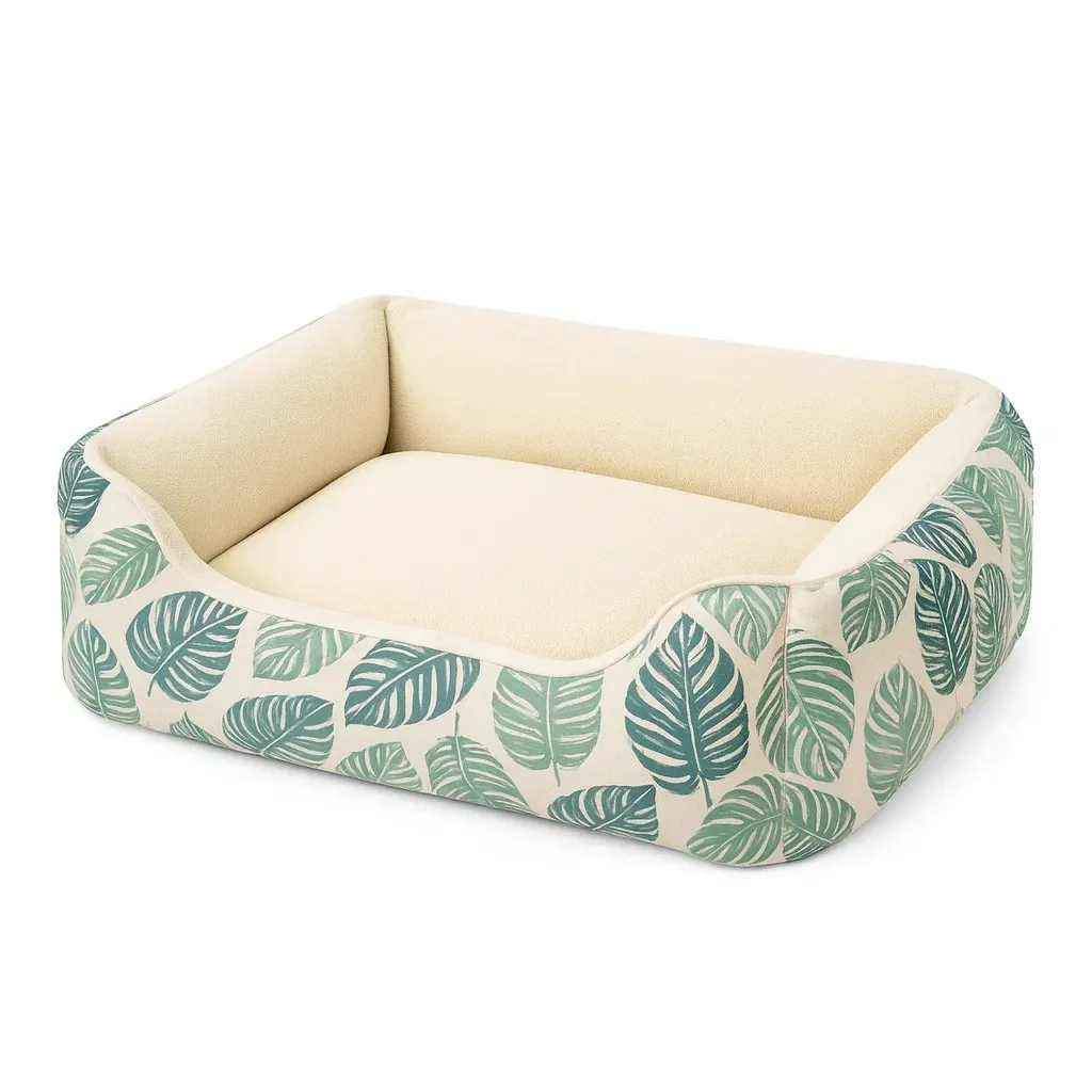 Lit pour chien rectangulaire en polyester et coton imprimé feuilles 60×45×20 cm beige et vert