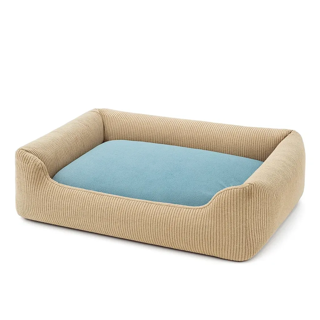 Lit pour chien en velours beige et bleu 90×70×20 cm