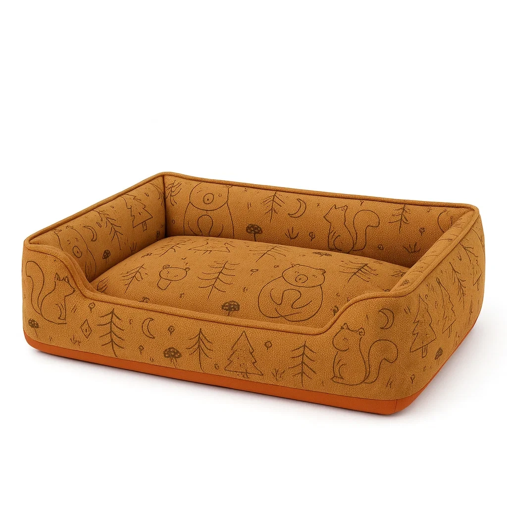 Lit pour chien rectangulaire en tissu orange à motif
