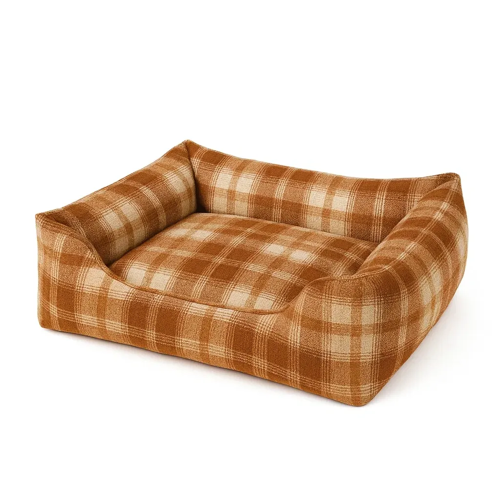 Lit pour chien en tissu polyester à carreaux marron 70×55×20 cm