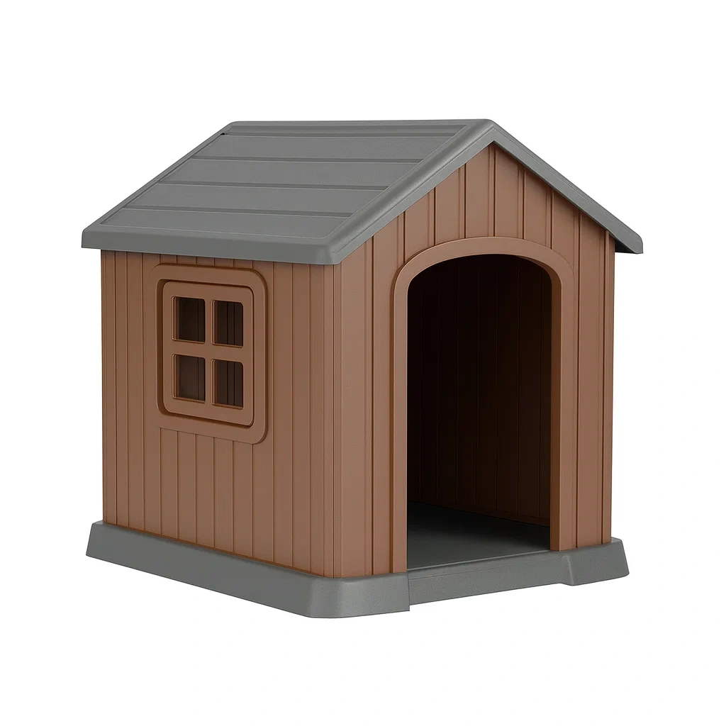 Niche pour chien en plastique marron et gris avec toit incliné