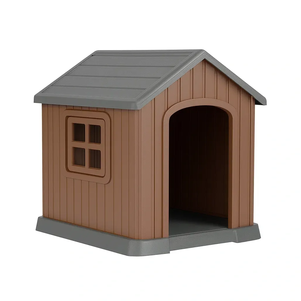 Niche pour chien en plastique marron et gris avec toit incliné