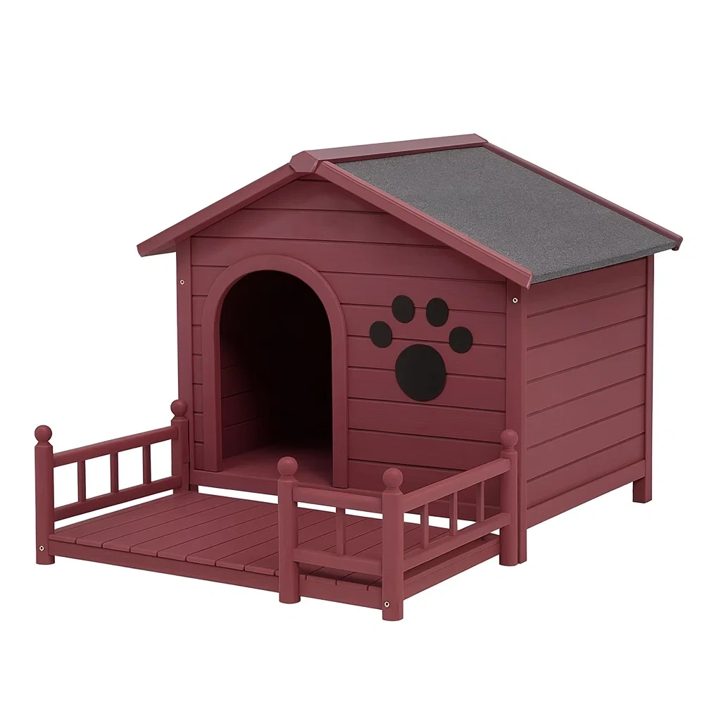 Niche pour chien en bois rouge avec terrasse 122×98×105 cm