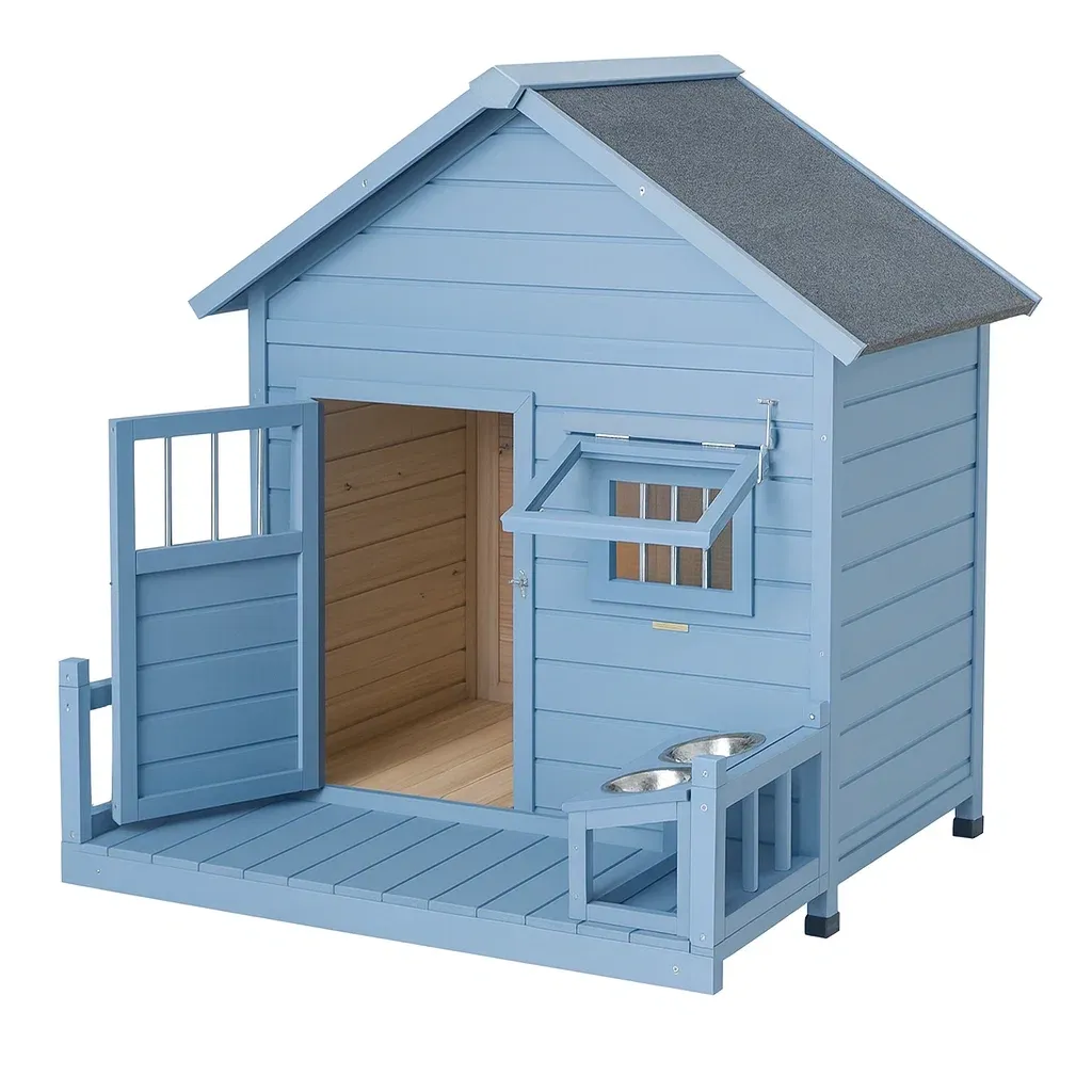 Niche pour chien en bois bleu avec terrasse