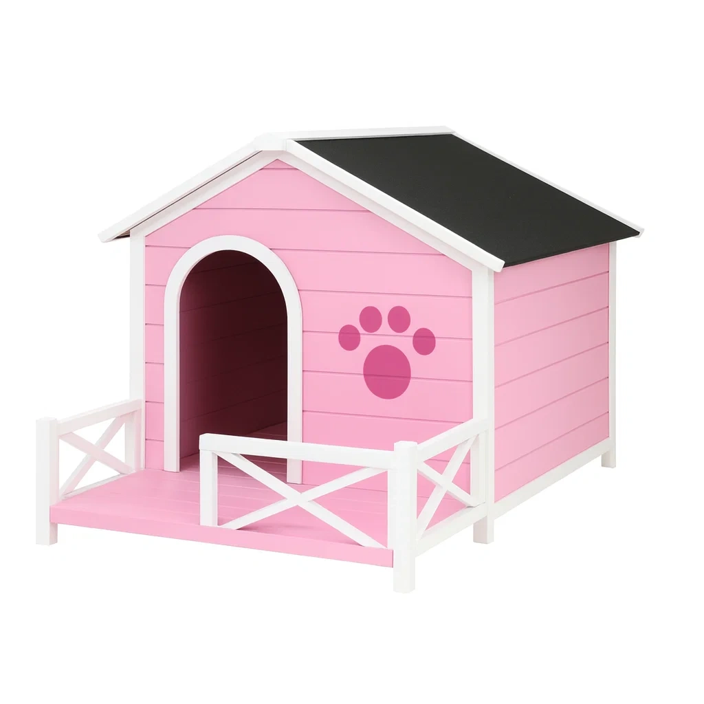 Niche pour chien en bois rose avec terrasse et toit en asphalte