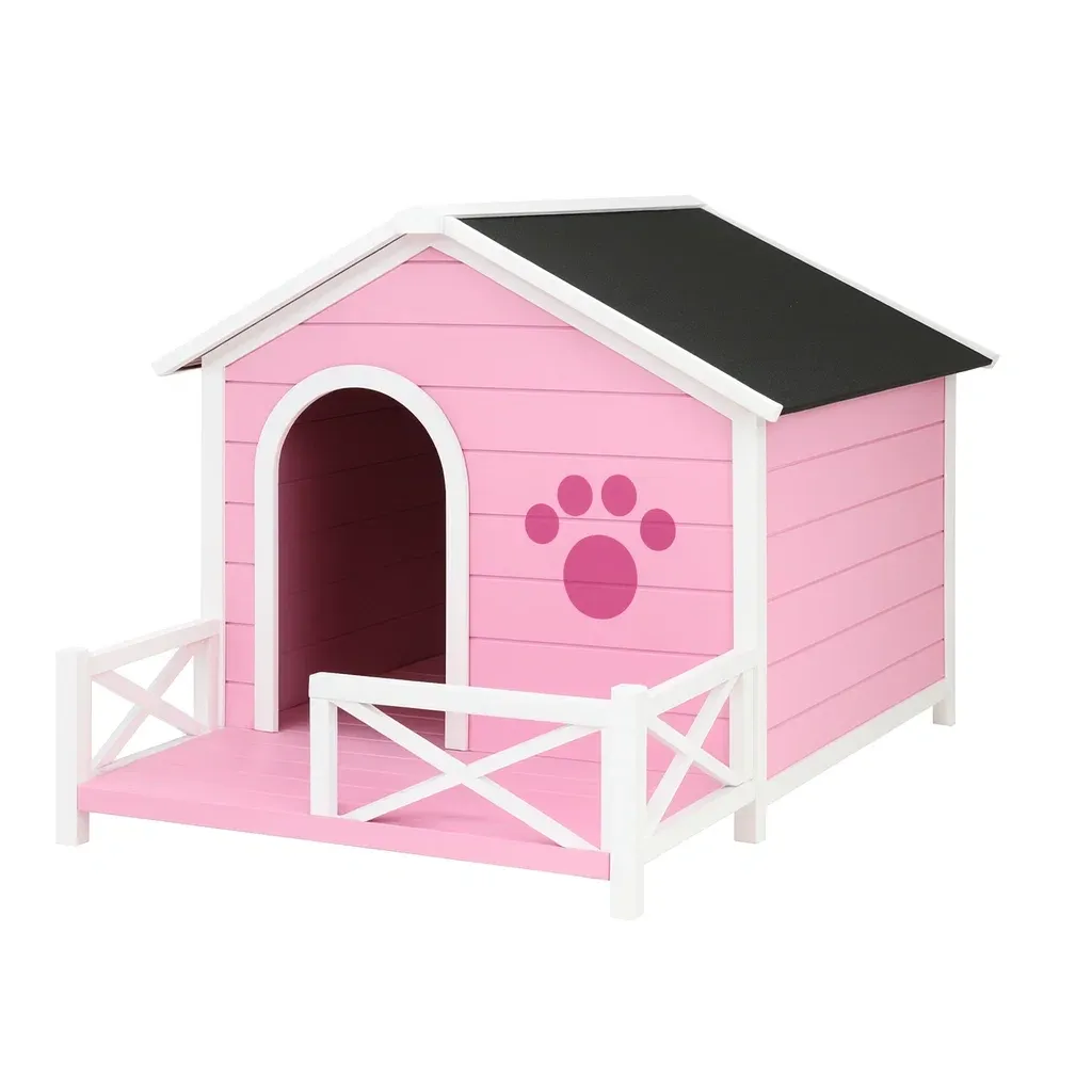 Niche pour chien en bois rose avec terrasse et toit en asphalte