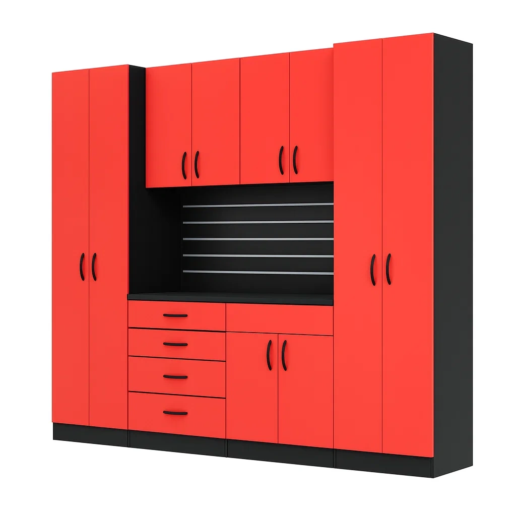 Système de rangement modulaire pour outils en bois MDF rouge et noir pour garage